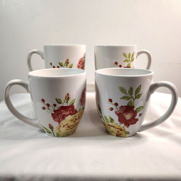 CORELLE Emma Jane Boutique Mugs (4) Set White Floral Print 13 oz Stoneware - Picture 1 of 4